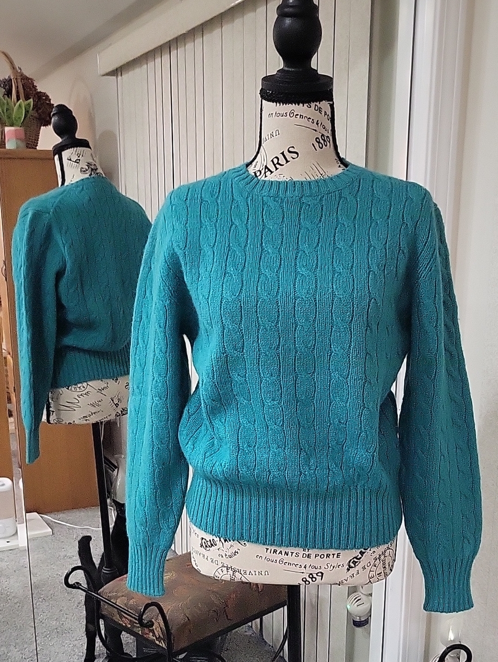 Women's Teal Cable-Knit Crewneck Sweater